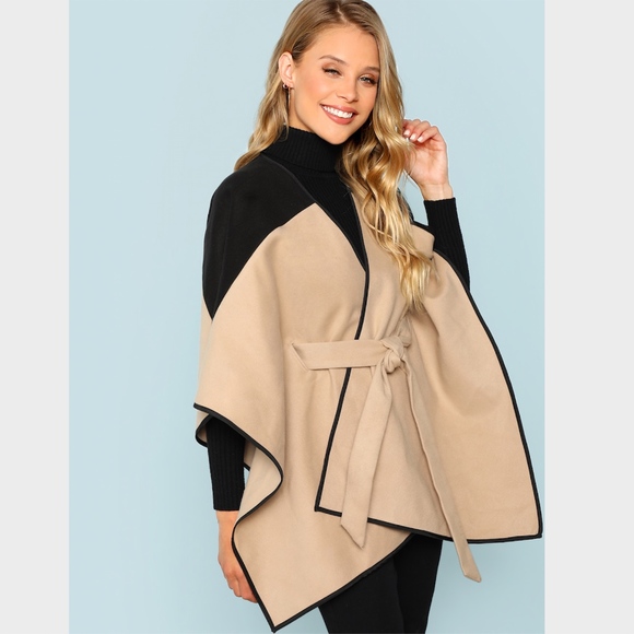 New! Belted Kimono Cape Coat Black & Nude - Picture 2 of 8